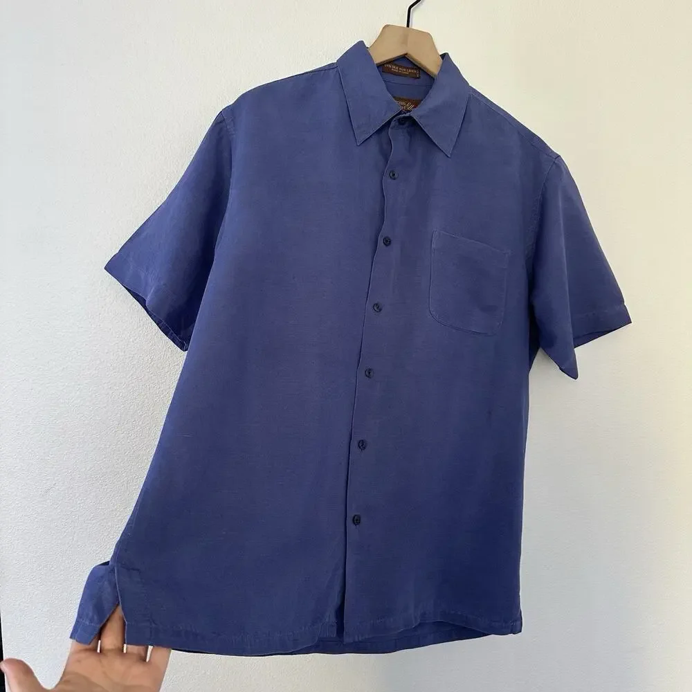 Tasso Elba Silk Linen Short Sleeve Camp Shirt Men's M Blue Coastal Preppy Island